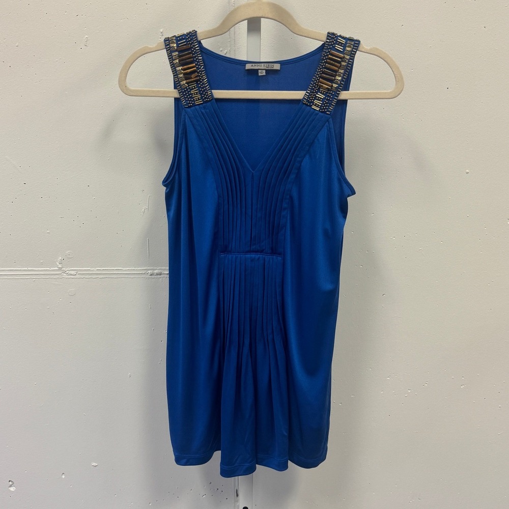 NWT Y2K Anne Klein Lapis Blue Silk Blend Beaded Pleated Tank Top Boho Festival